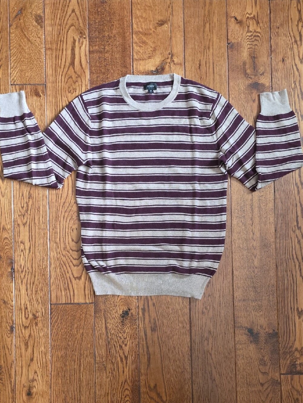 J. Crew Maroon and Beige Striped Crewneck Sweater